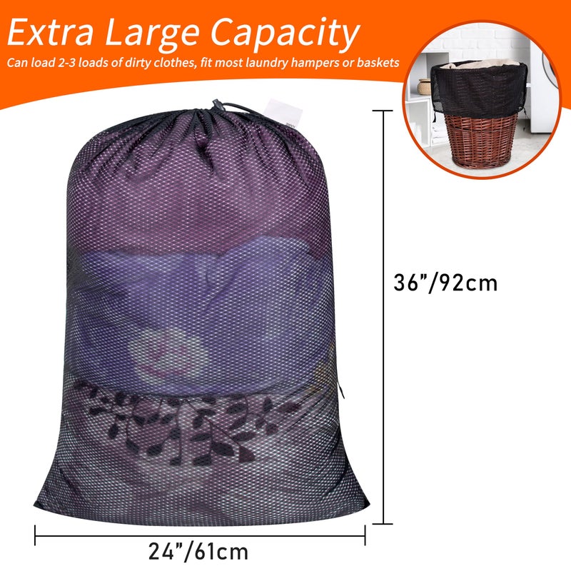 Polecasa Extra Heavy Duty Large Diamond Mesh Laundry Bags with Drawstring Closure & ID Tag, 2 Pack 24 x 36 inches Washable Storage Bag for College, Travel, Sports, Dorms, Black - Image 3